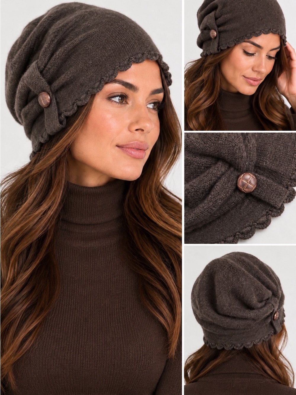 Michael Stars Brown Wool Cashmere Button Knit Beanie Hat